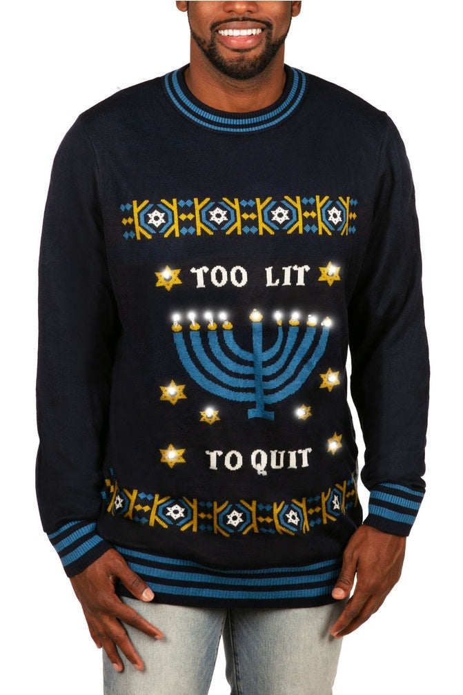 Too Lit to Quit Light Up Hanukkah Men's Sweater