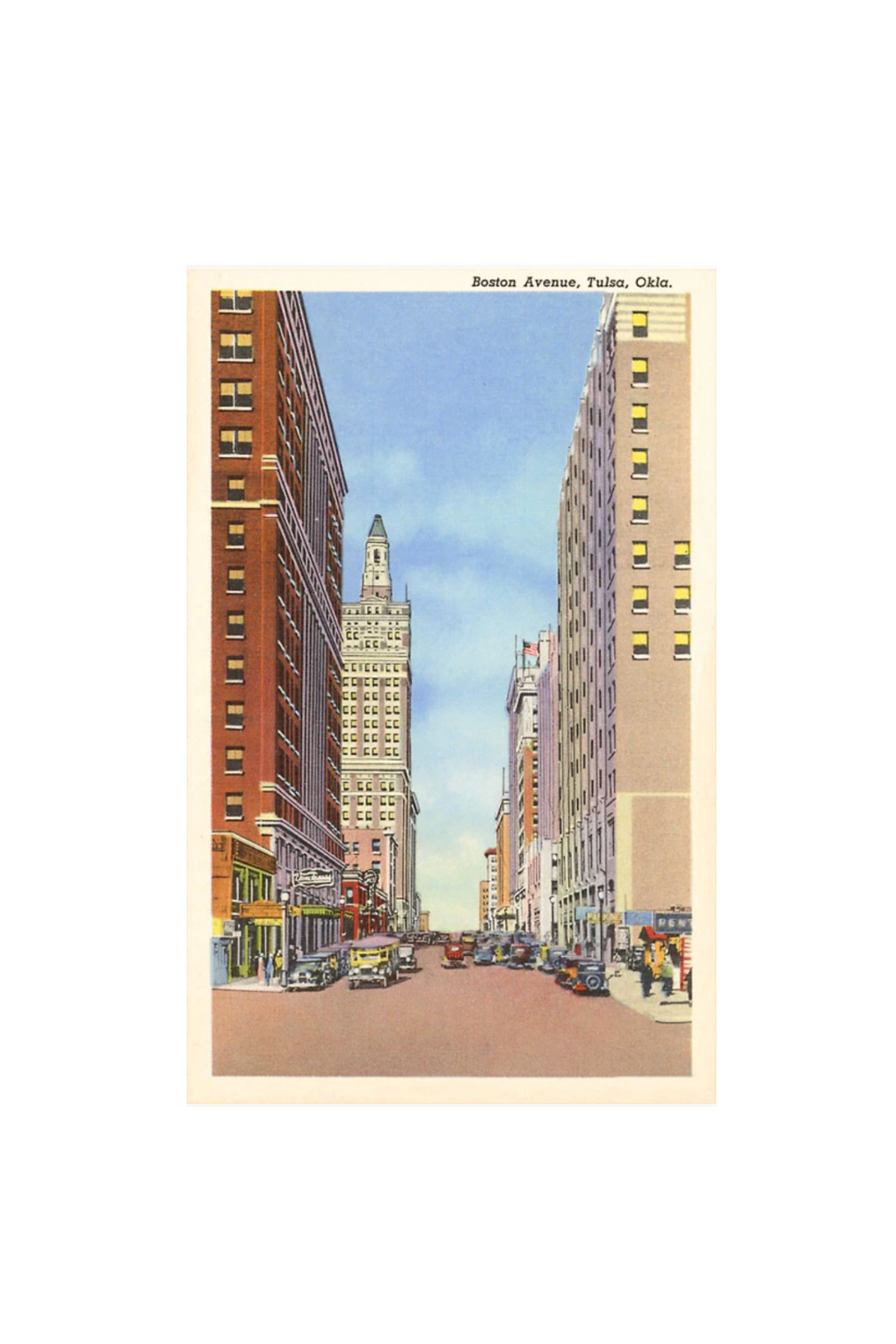Vintage art print of Boston Avenue street view in Tulsa, Oklahoma with classic downtown architecture.