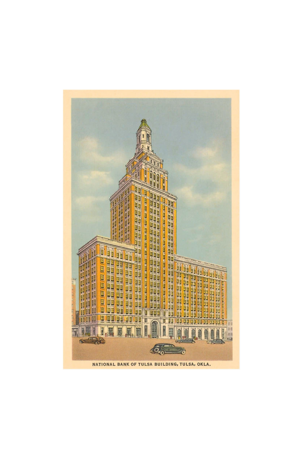 Retro art print of the National Bank Building in Tulsa, Oklahoma featuring historic downtown architecture.