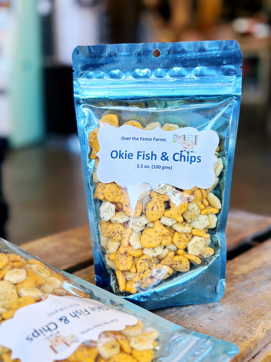 Savory snack mix of goldfish crackers and oyster crackers with seasoning, Oklahoma-made