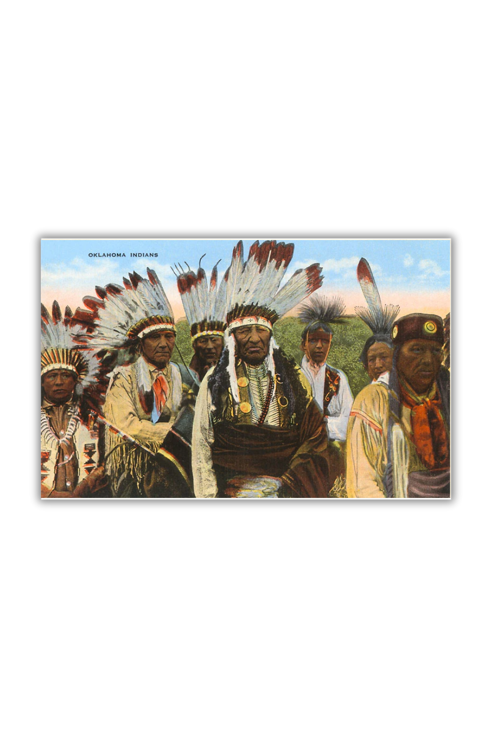 Retro-style postcard featuring vintage artwork of Oklahoma Indians, inspired by classic travel souvenirs.