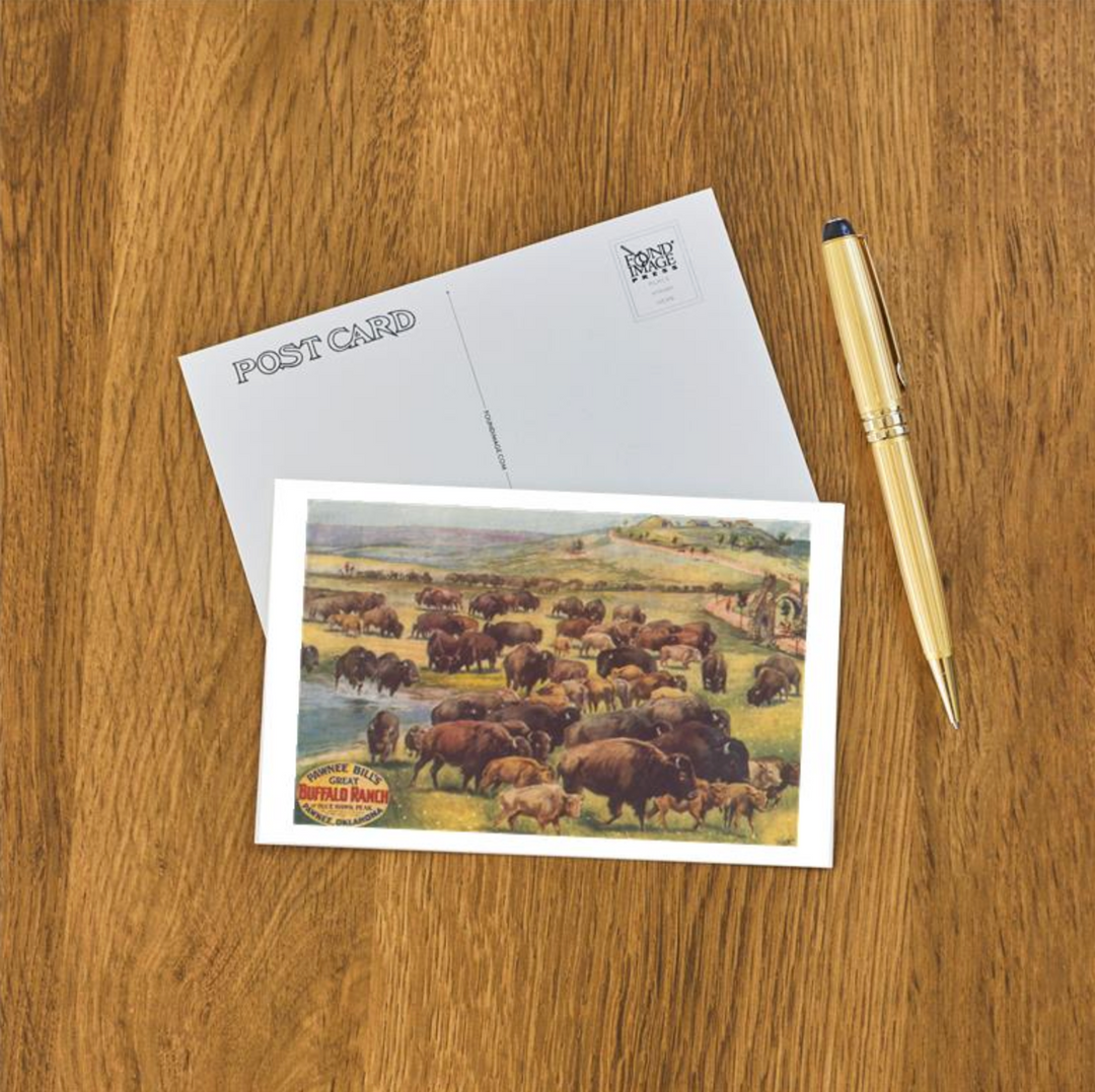 Retro postcard featuring Pawnee Bill with buffalo and western scenery, inspired by historic Oklahoma imagery.