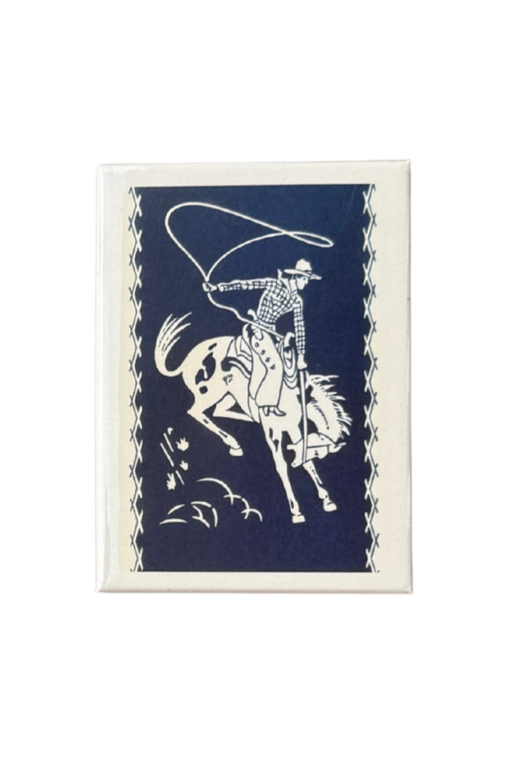 Retro Oklahoma fridge magnet featuring a cowboy on horseback with a lasso on navy background