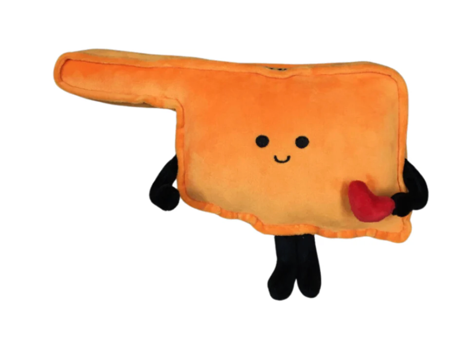 Orange plush toy shaped like Oklahoma with arms, legs, face, and heart