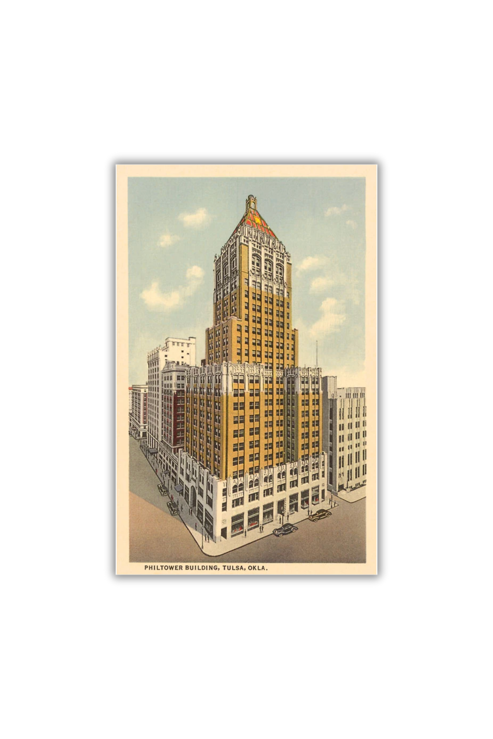 Vintage-style postcard featuring the Philtower Building in downtown Tulsa, Oklahoma, with classic Art Deco details.