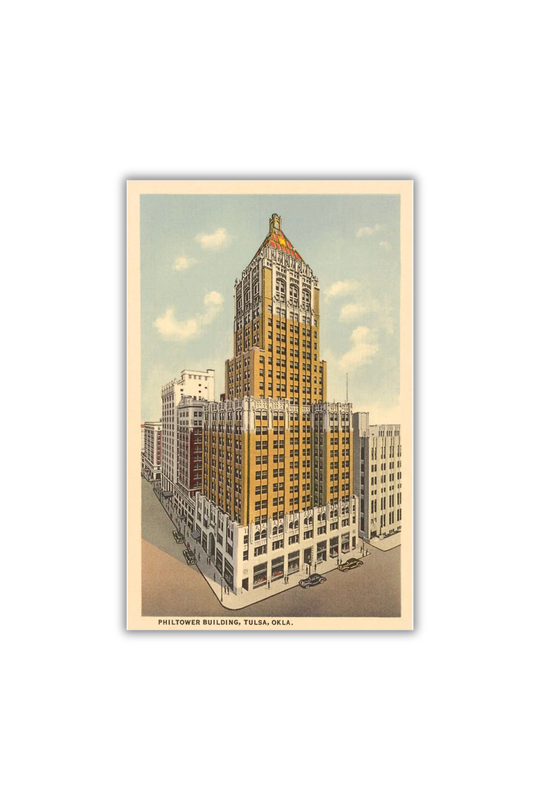 Vintage-style postcard featuring the Philtower Building in downtown Tulsa, Oklahoma, with classic Art Deco details.