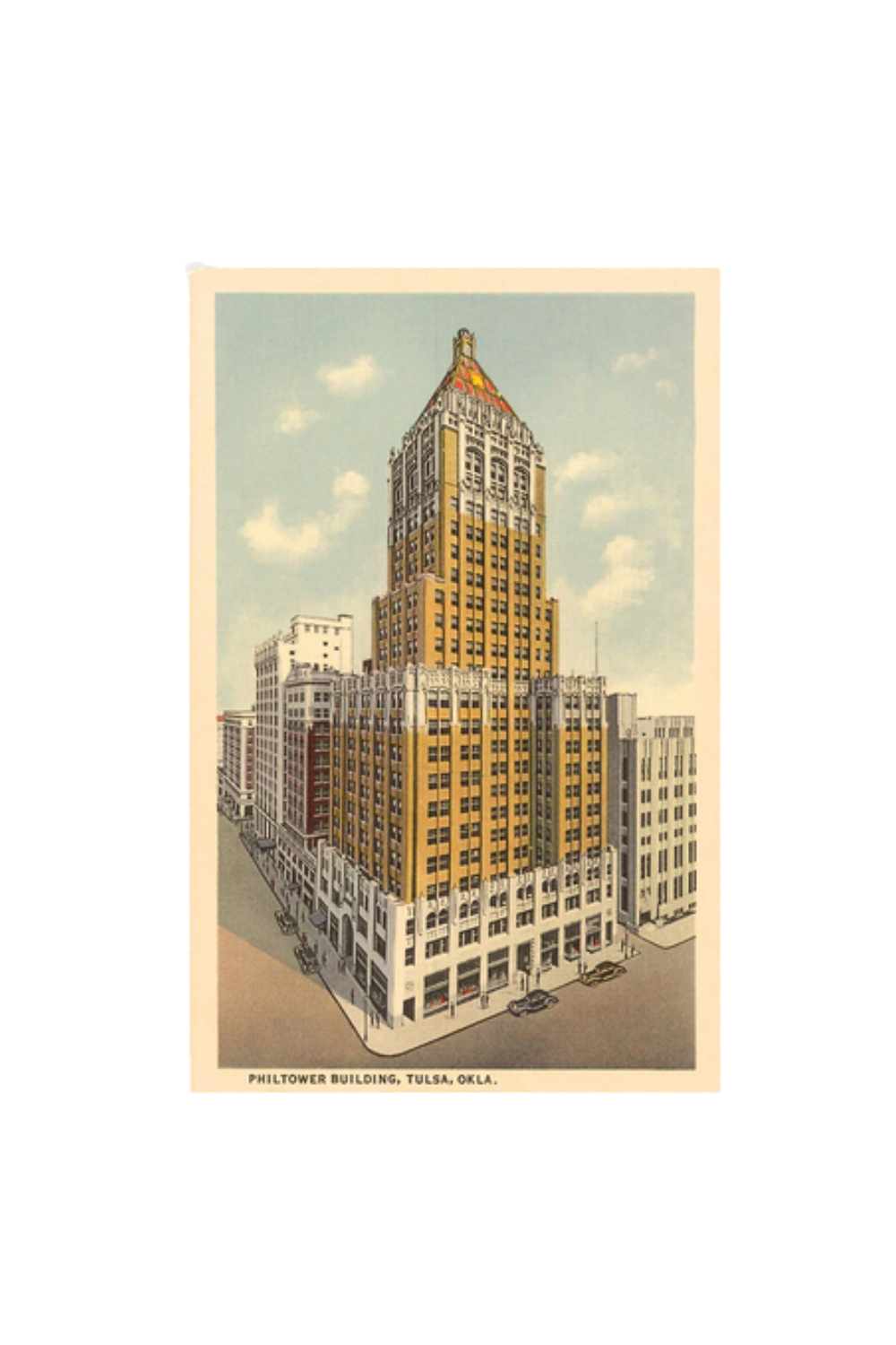 Vintage art print of the Philtower Building in downtown Tulsa, historic Oklahoma architecture wall art.