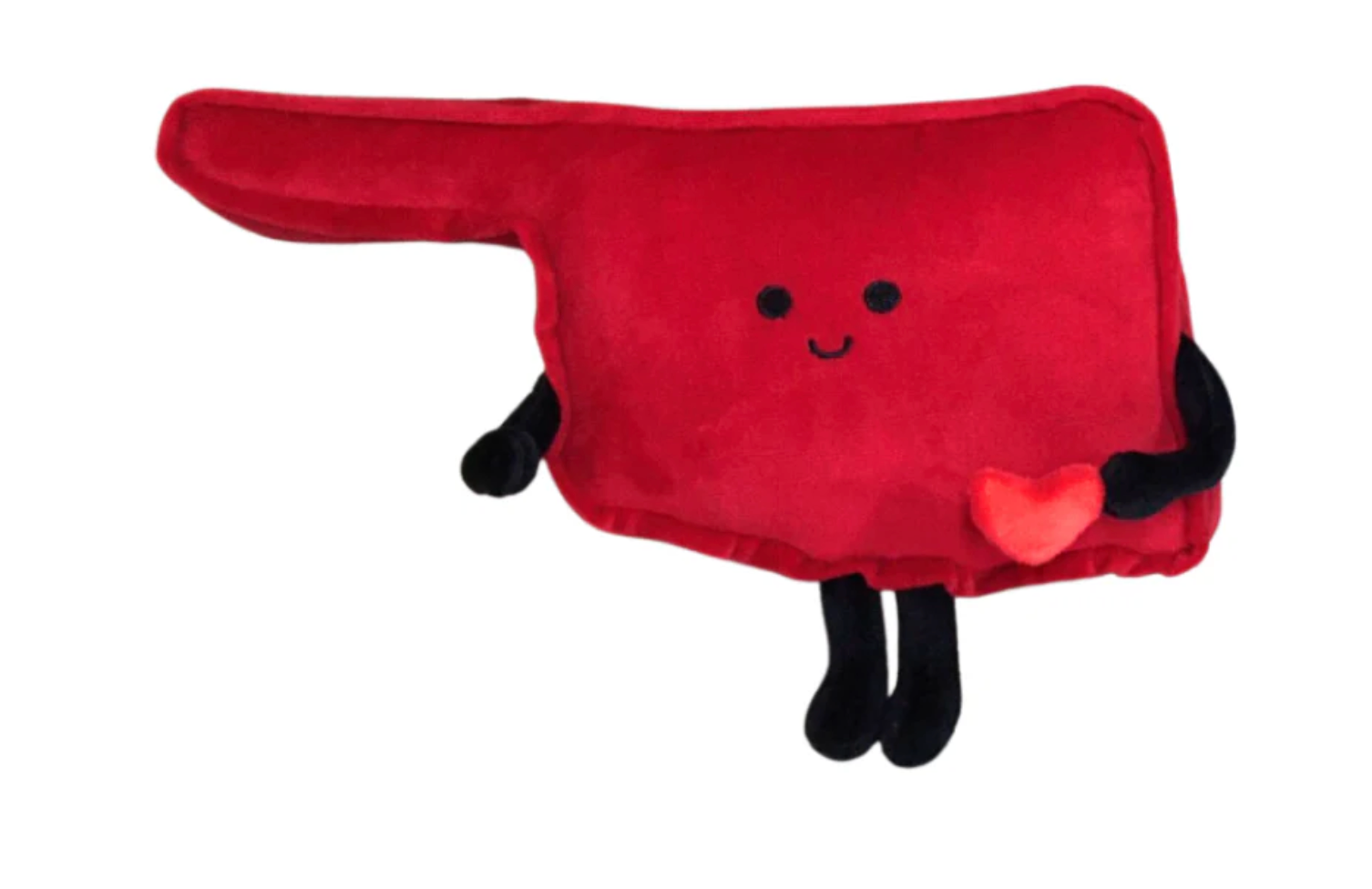 Plush toy shaped like Oklahoma with arms, legs, face, and heart