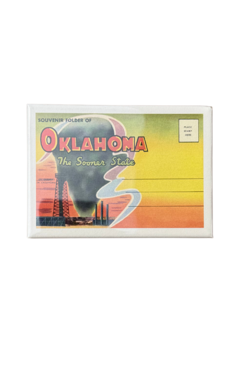 Vintage Oklahoma souvenir magnet showing “The Sooner State” postcard design