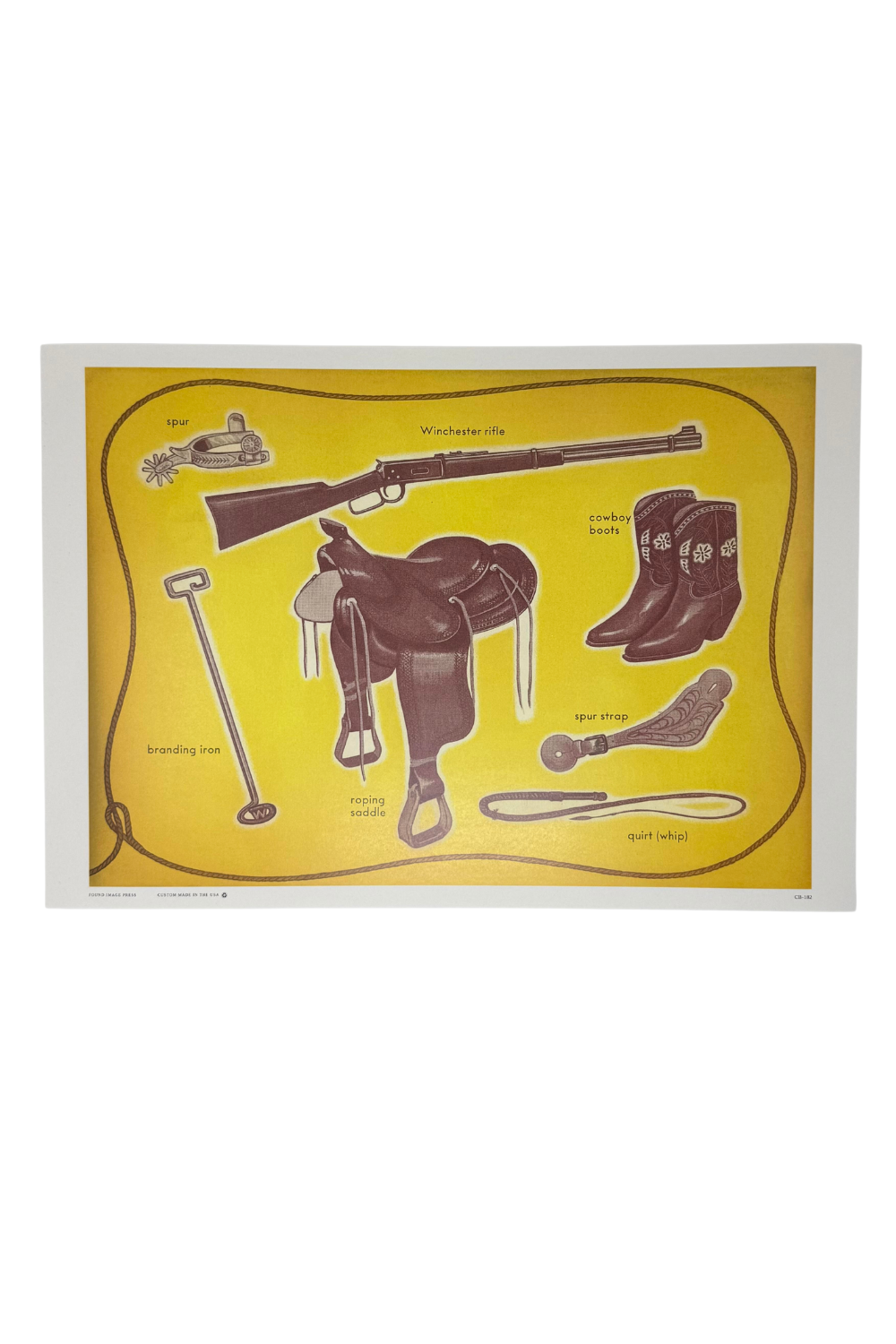 Retro western art print with cowboy saddle, rifle, and boots