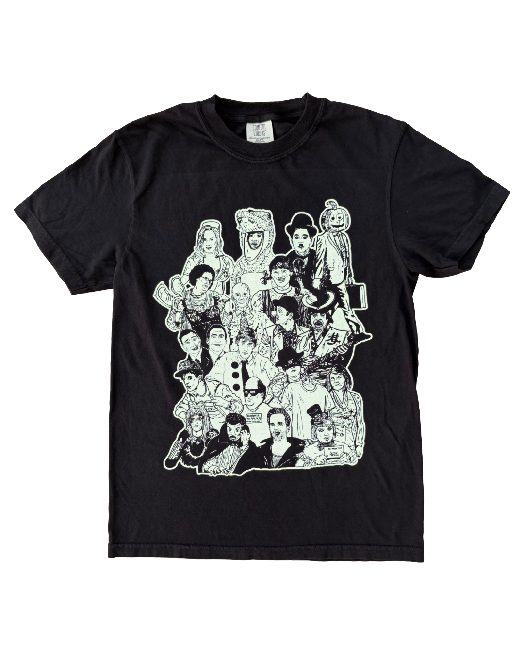 Halloween-themed The Office t-shirt featuring Dunder Mifflin crew in costumes, Passive Juice Motel design.