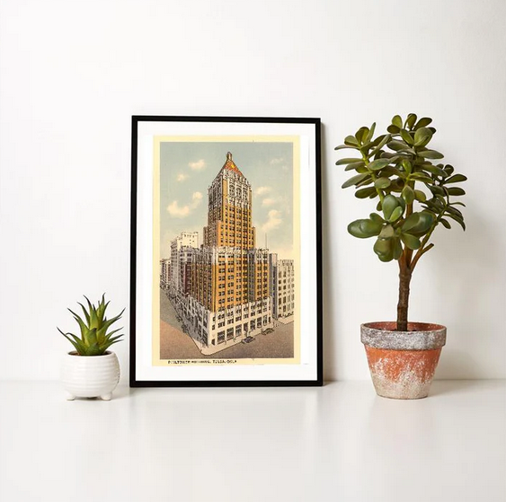 Retro-style Philtower Building art print, showcasing Tulsa’s iconic skyscraper as vintage wall decor.