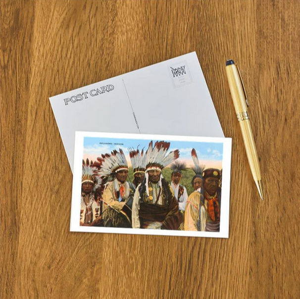 Classic postcard depicting Oklahoma Indians in vintage artwork, perfect for collectors and Oklahoma history fans.