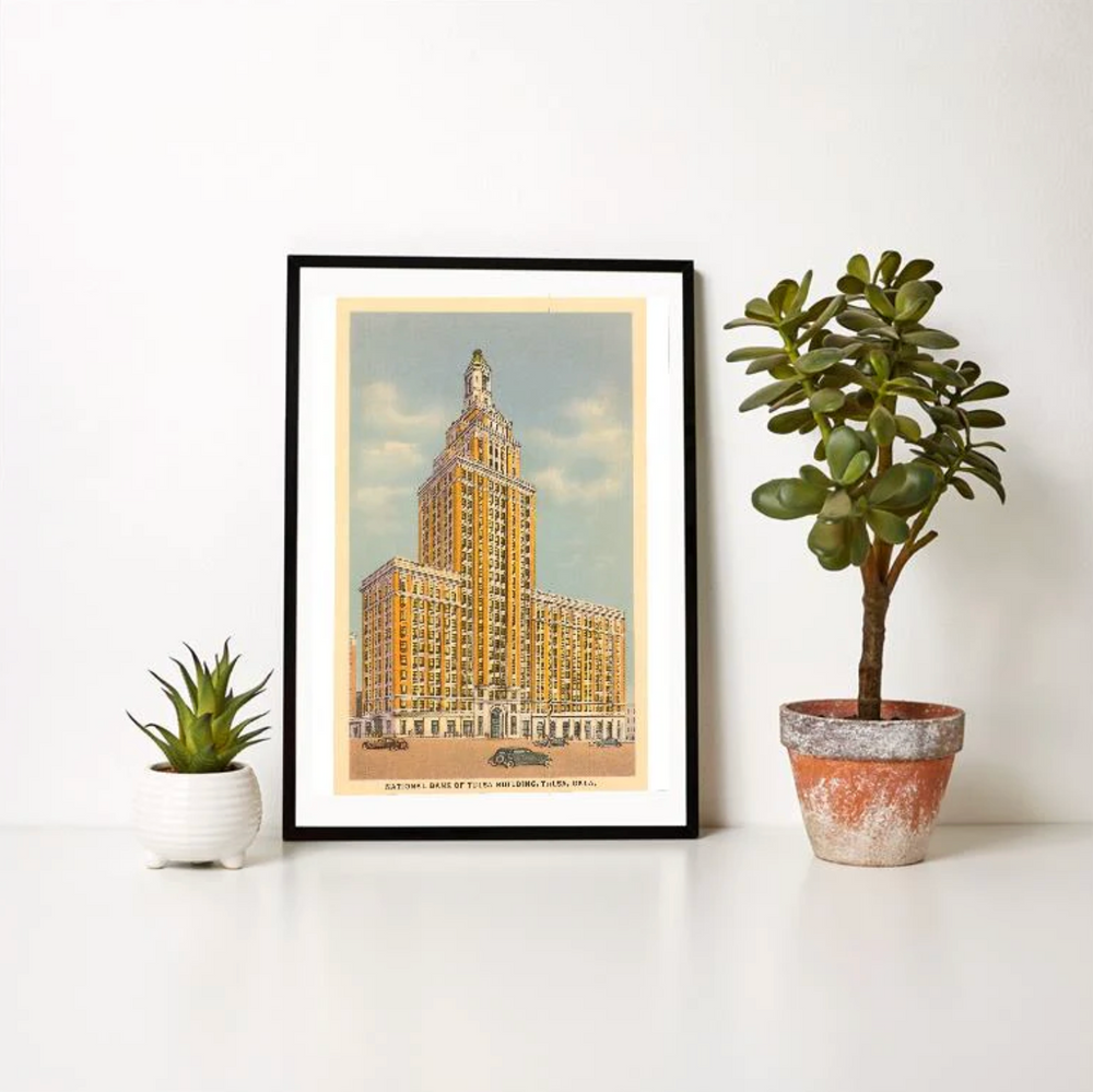 National Bank Tulsa art print in vintage retro style, perfect Oklahoma architecture wall decor.