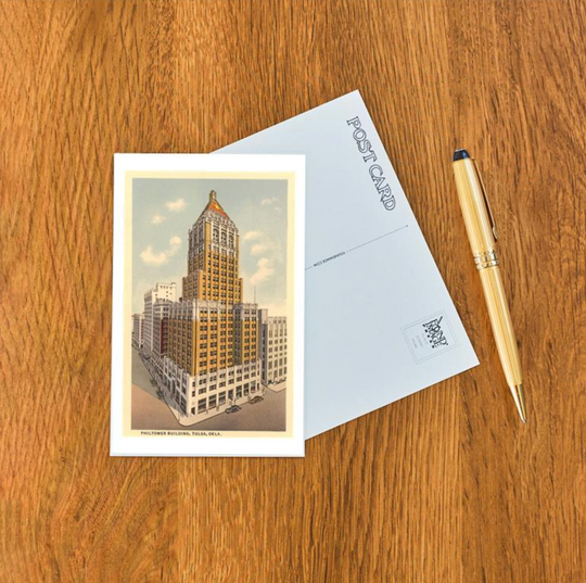 Retro postcard of the historic Philtower Building in Tulsa, Oklahoma, perfect for collectors and architecture fans.