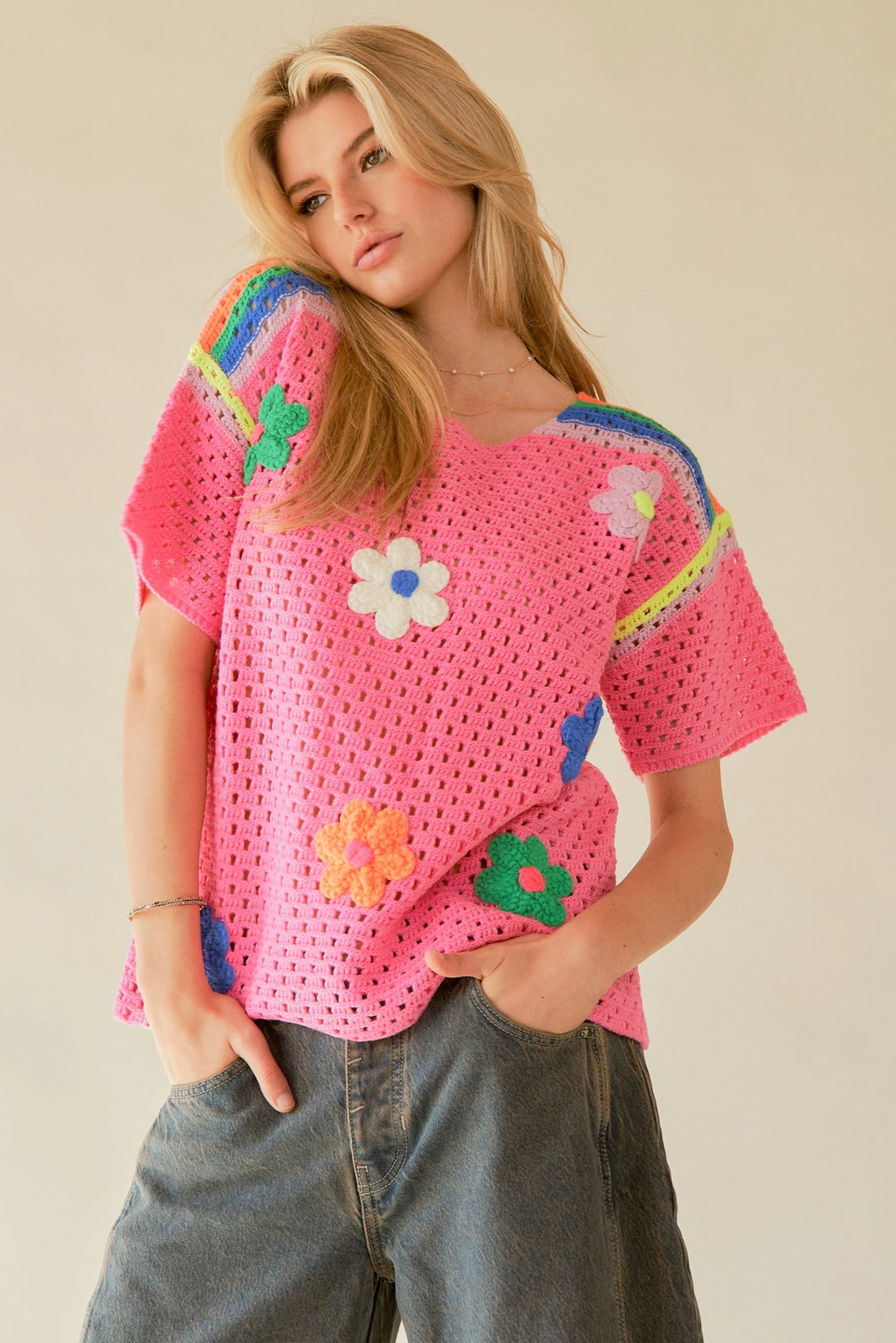 Pink Crochet Flower Patch Top