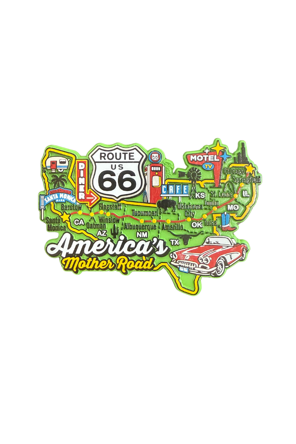 Magnet shaped like Route 66 states with retro diner signs, road signs, and cities marked