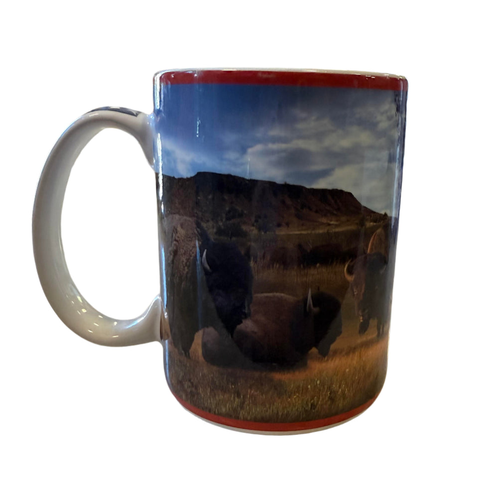 Buffalo-themed souvenir mug with Oklahoma text on handle and patriotic background