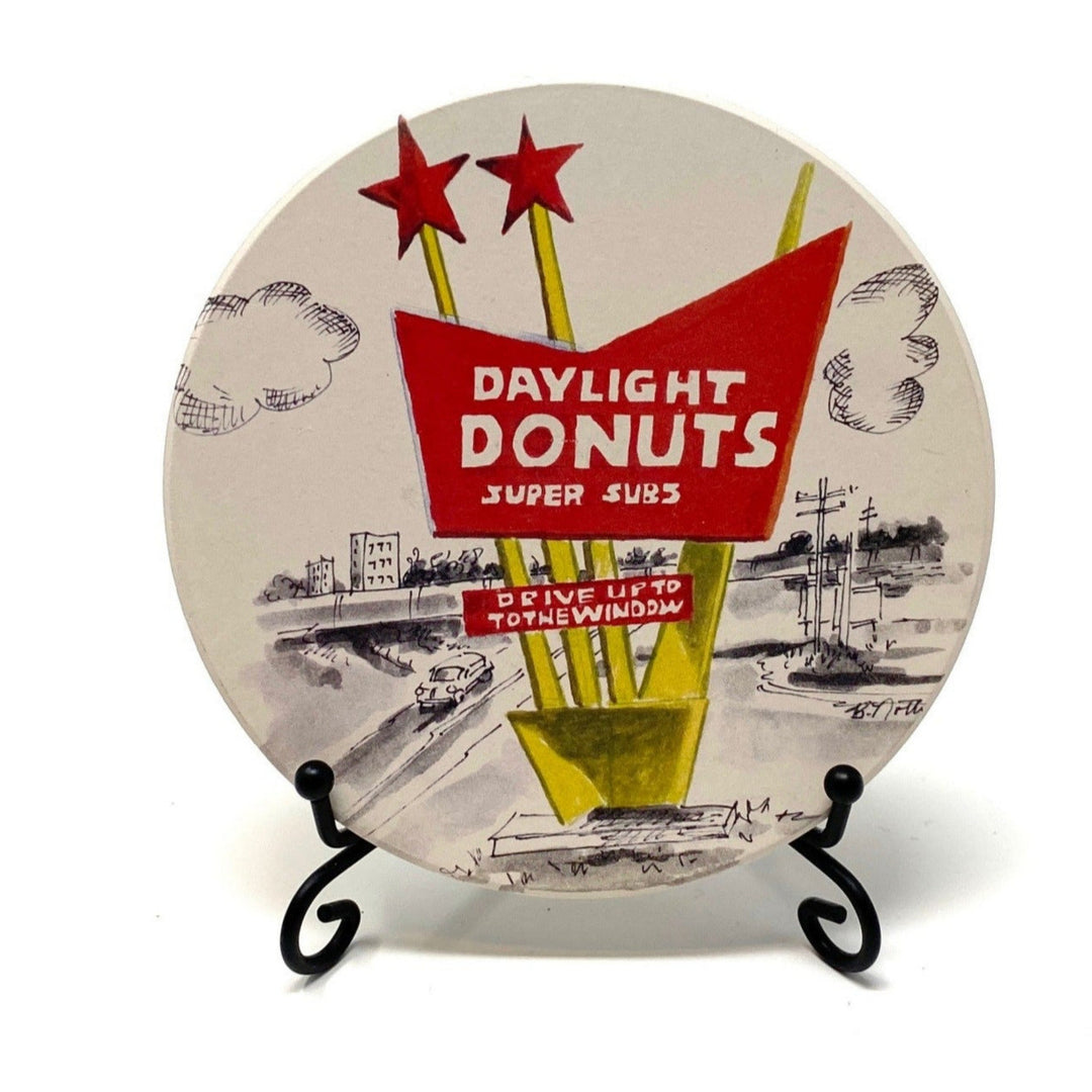 Daylight Donuts coaster featuring retro-style design – Oklahoma breakfast nostalgia gift