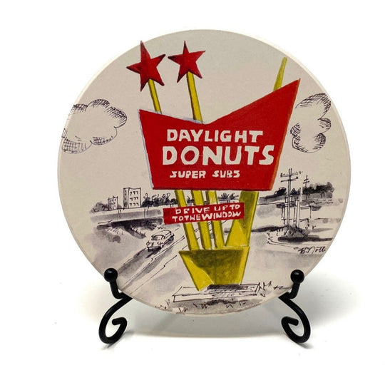 Daylight Donuts coaster featuring retro-style design – Oklahoma breakfast nostalgia gift