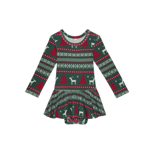 Posh Peanut - Holiday Fair Isle Long Sleeve Basic Twirl Skirt Bodysuit
