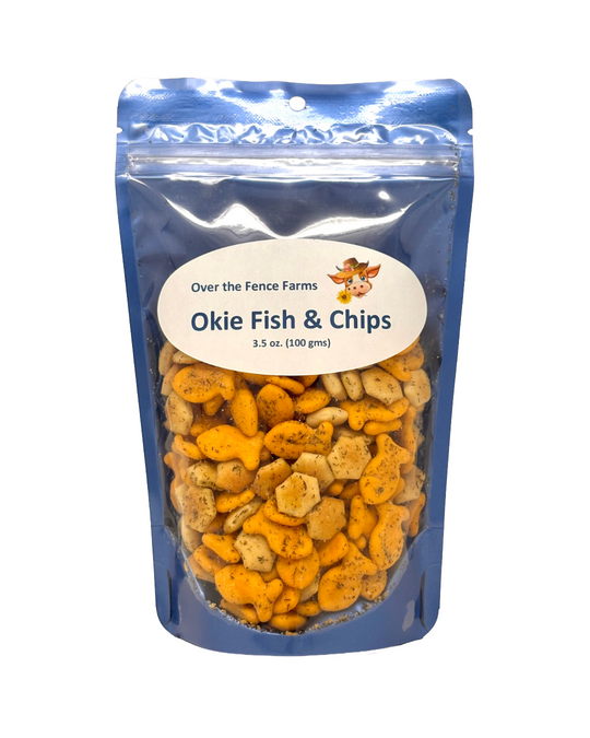 Bag of Okie Fish & Chips snack mix with goldfish and oyster crackers, seasoned and crunchy