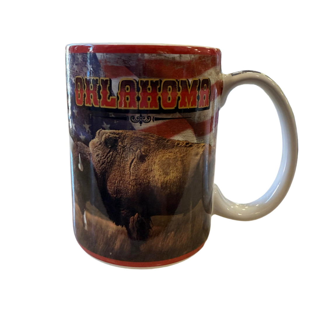 Front view of Oklahoma coffee mug with buffalo and American flag design