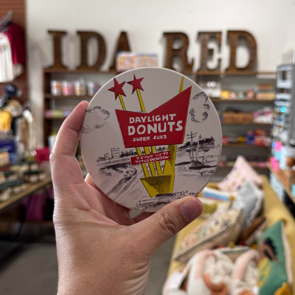 Coaster inspired by Daylight Donuts – perfect for coffee lovers and fans of Oklahoma breakfast spots