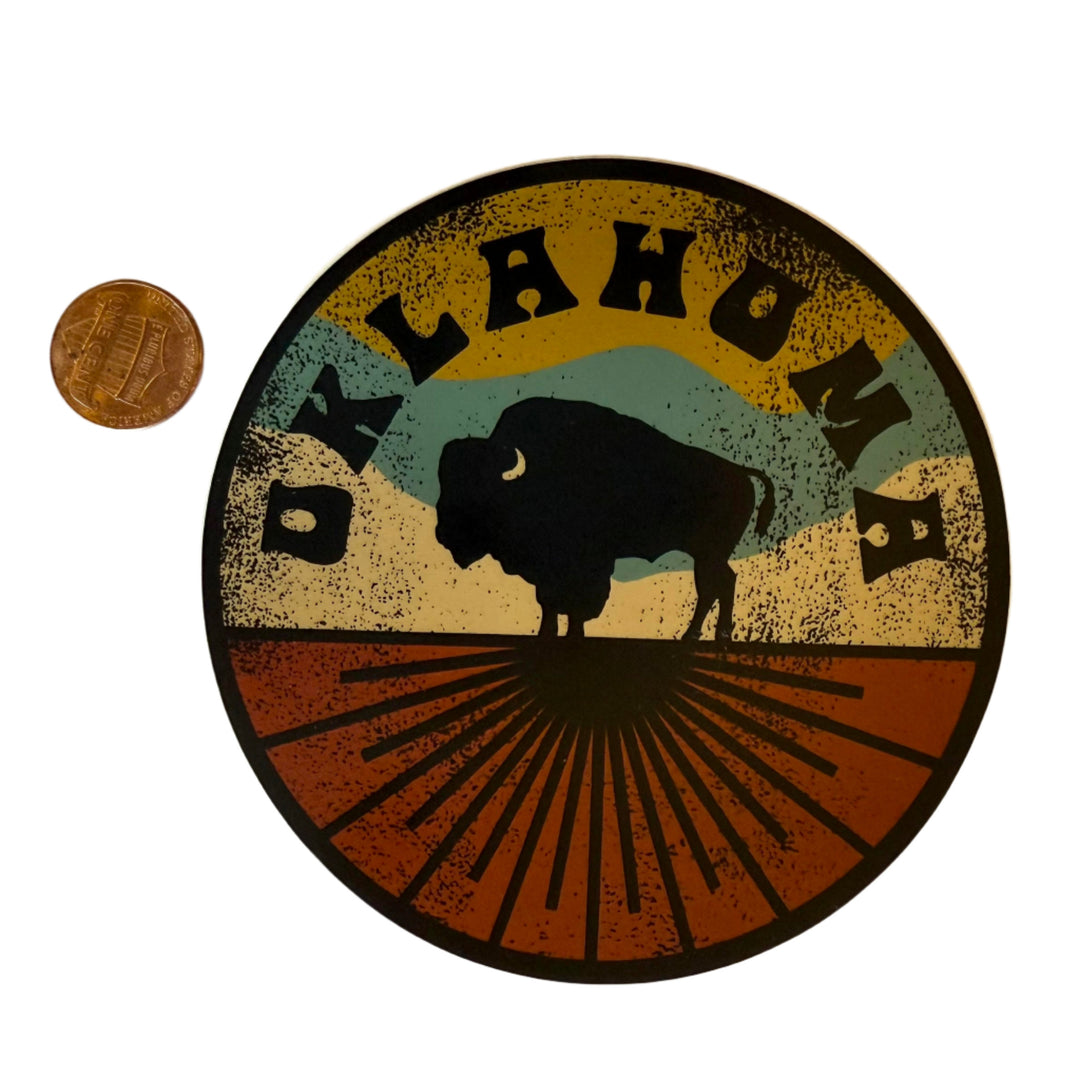 3-inch round Oklahoma Horizon Bison vinyl sticker with western prairie design