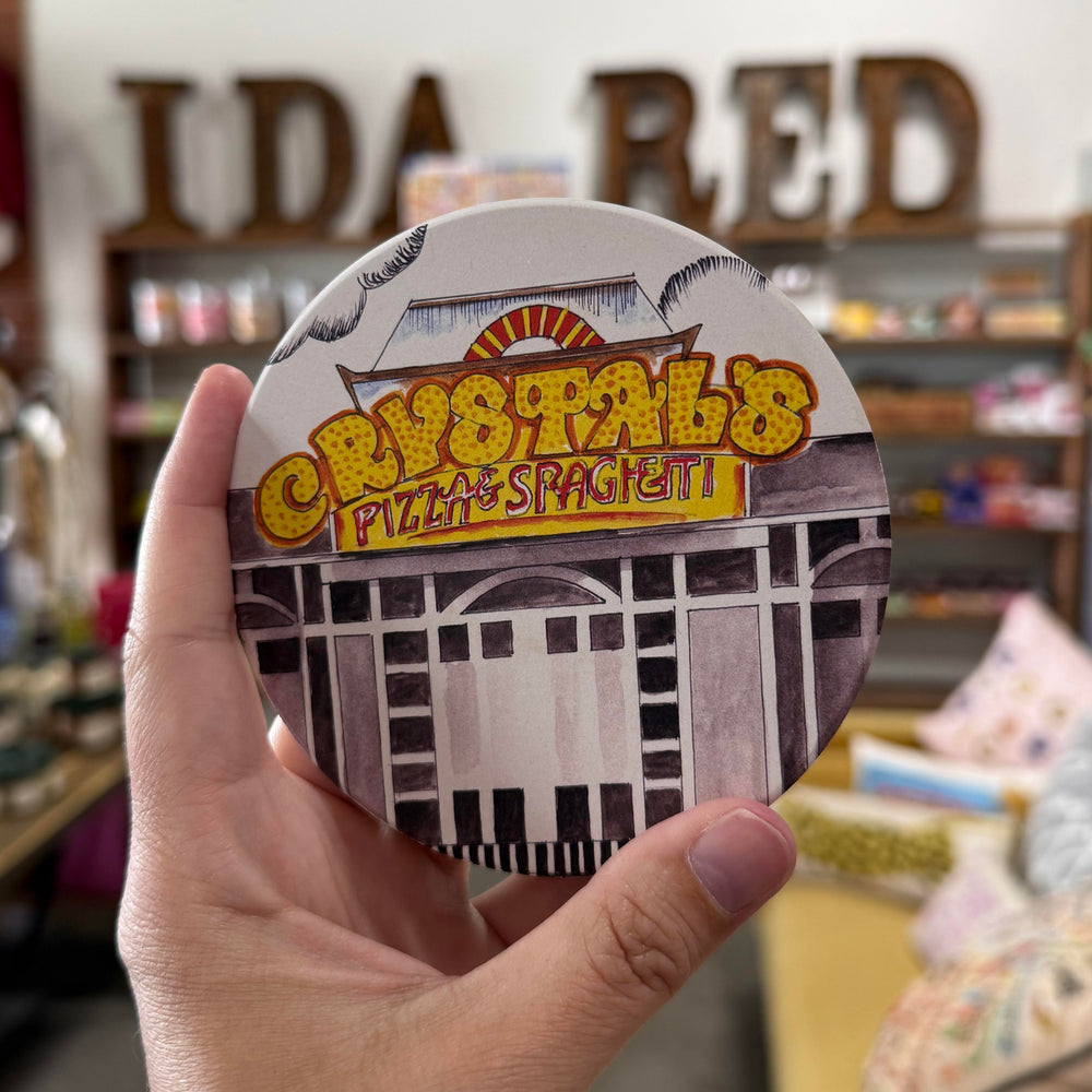 Retro-style coaster inspired by Crystal’s Pizza – vintage Oklahoma family restaurant memorabilia