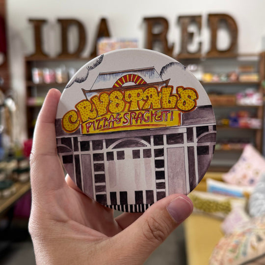 Retro-style coaster inspired by Crystal’s Pizza – vintage Oklahoma family restaurant memorabilia