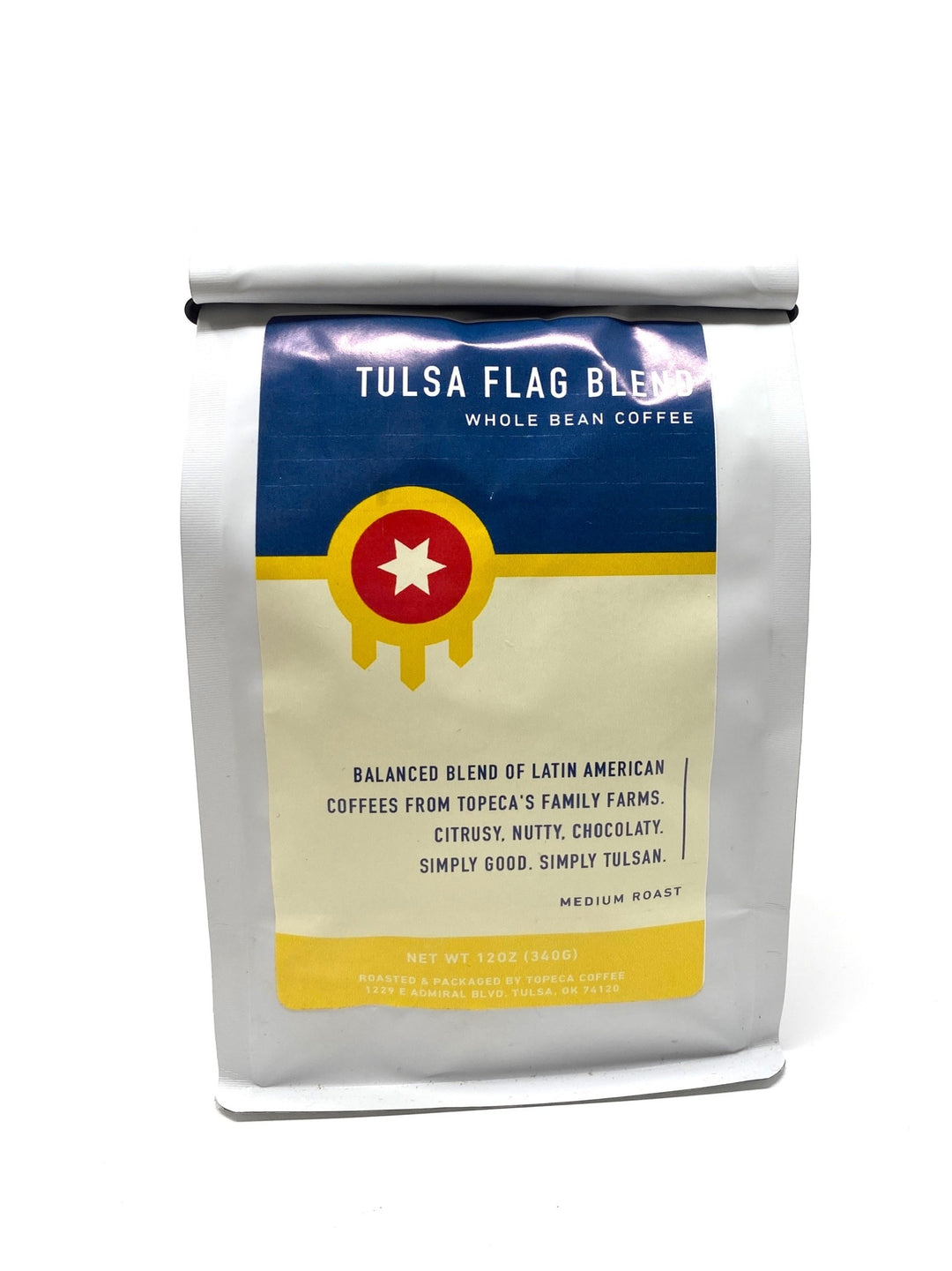 Tulsa Flag Blend ground coffee bag, medium roast Oklahoma coffee