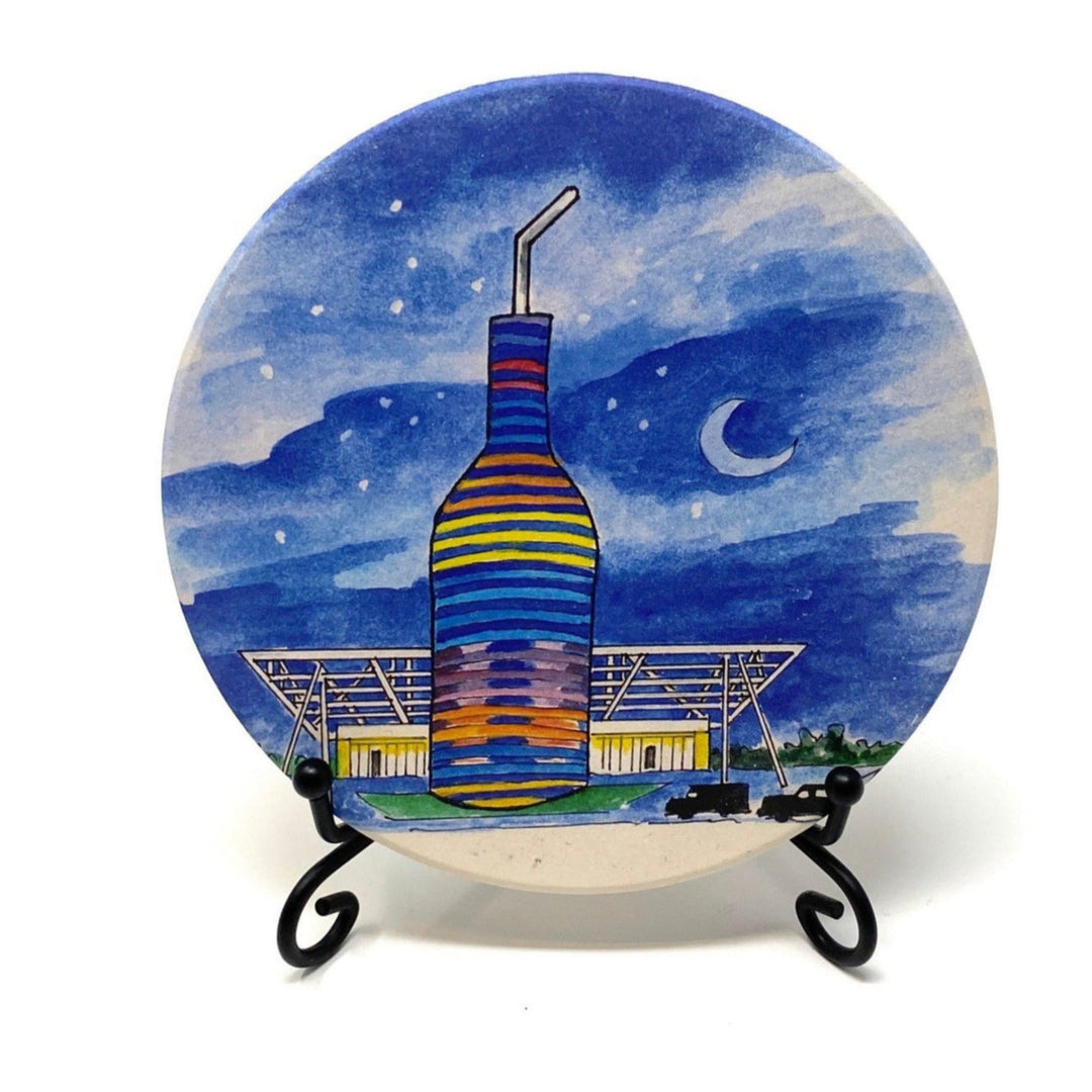 Coaster featuring hand-painted artwork of Pops 66 Soda Ranch with giant soda bottle – Route 66 Oklahoma souvenir