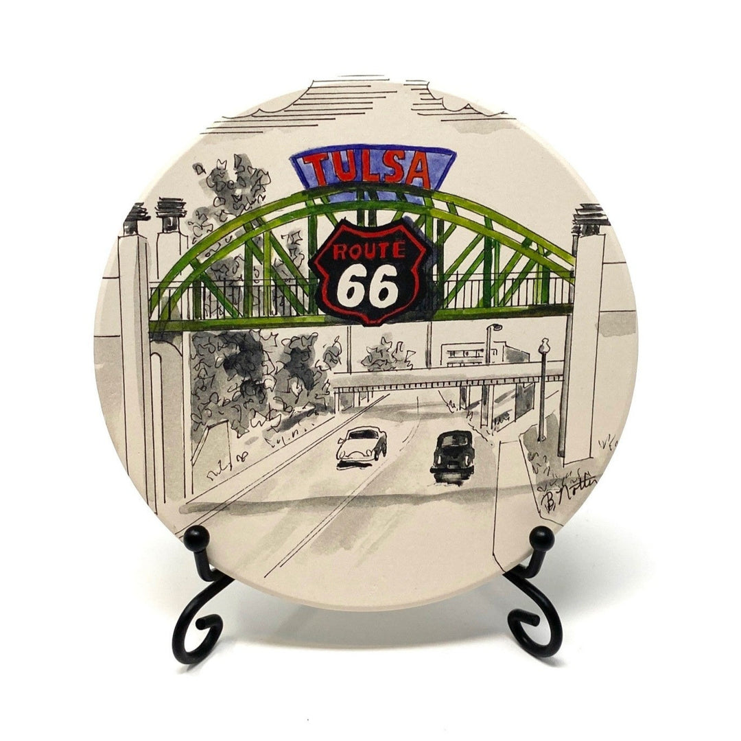 Full-color hand-drawn Waterstone coaster featuring the Route 66 bridge at 11th and Riverside in Tulsa, Oklahoma