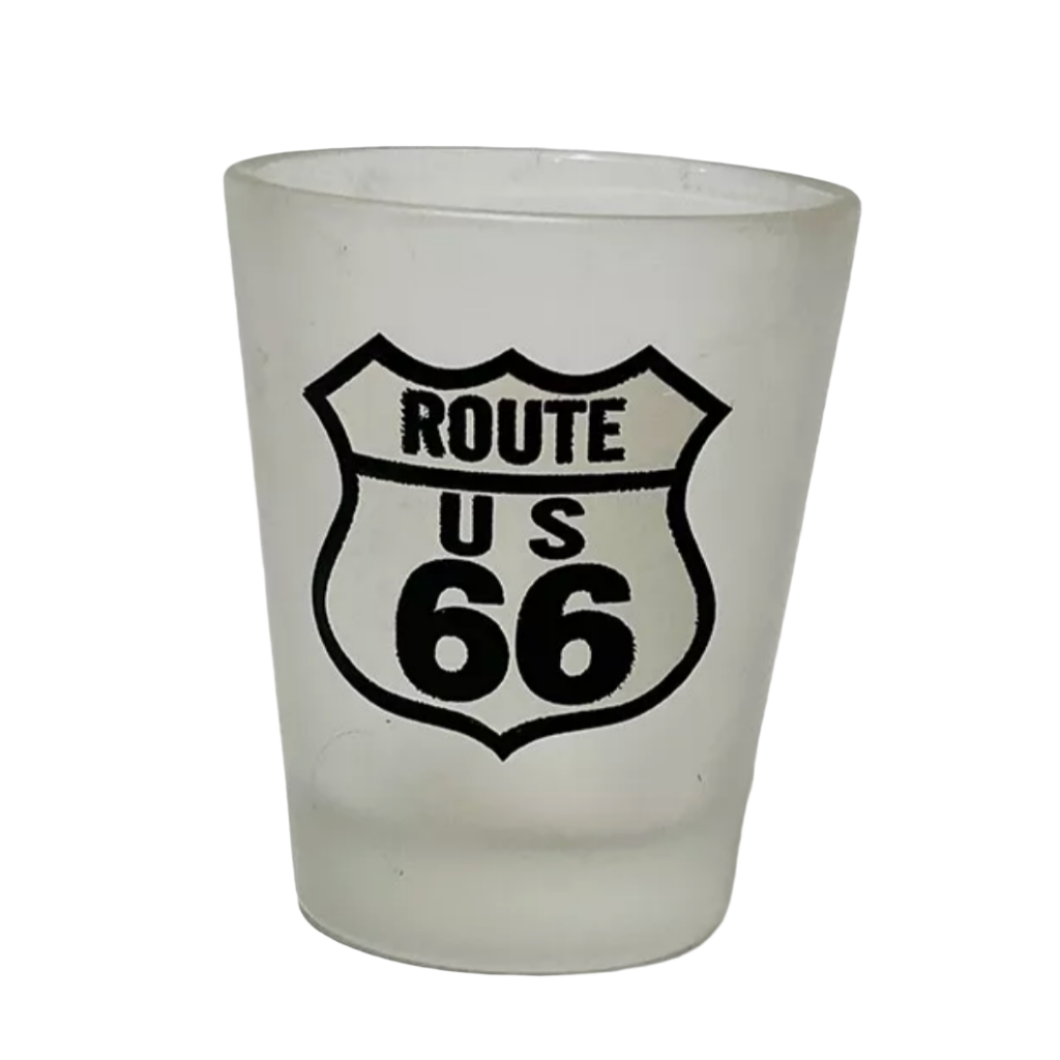 Clear frosted shot glass with Route 66 road shield – classic Oklahoma souvenir
