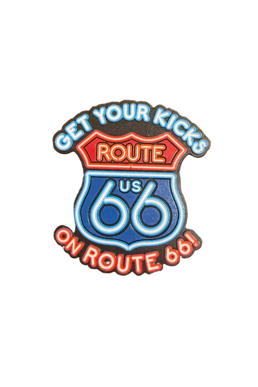 Route 66 “Get Your Kicks” fridge magnet styled like a vintage neon road sign souvenir