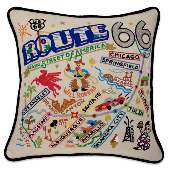 Hand embroidered Route 66 pillow by Catstudio – colorful travel-inspired home décor accent
