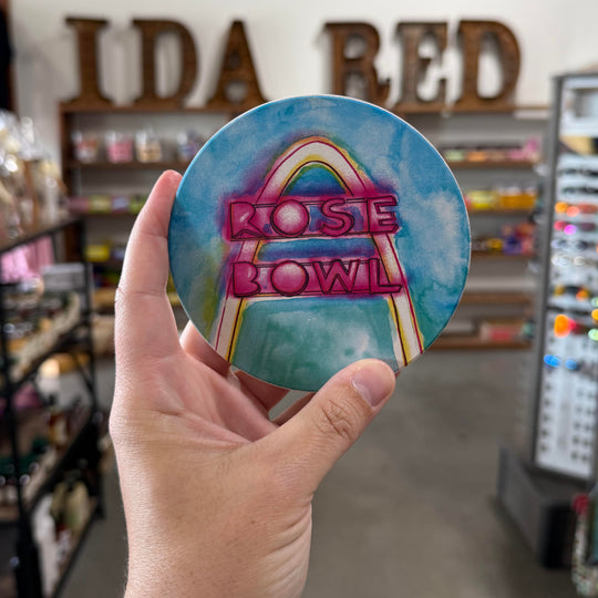 Oklahoma souvenir coaster with artwork of the Rose Bowl, a vintage Tulsa bowling alley on Route 66