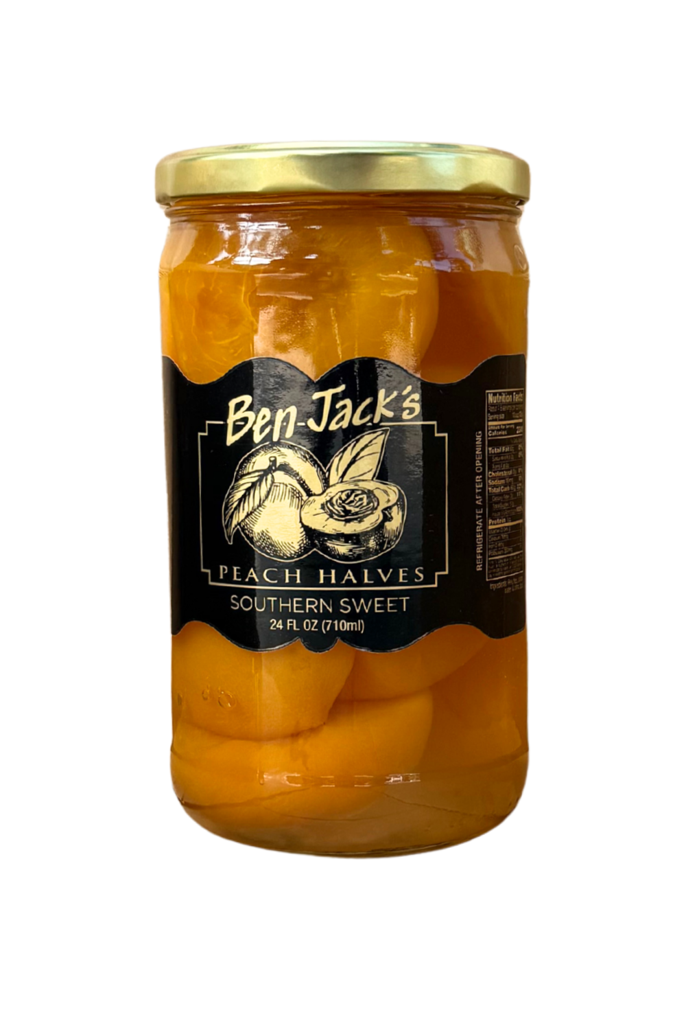 24oz jar of Southern Sweet Peach Halves by Ben Jack’s, juicy golden peaches in syrup