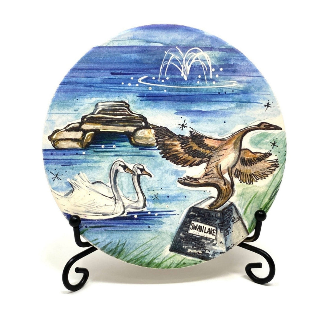 Hand-drawn Waterstone coaster with full-color illustration of Swan Lake in Tulsa, Oklahoma