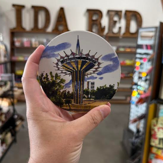 Oklahoma souvenir coaster with illustration of the Prayer Tower, a spiritual and architectural landmark in Tulsa