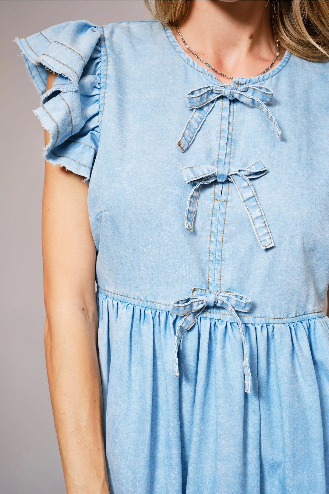 Chambray Ruffle Sleeve Bow Dress