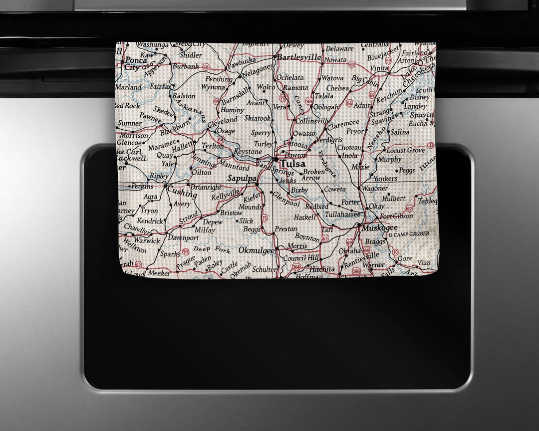 Tulsa Map Waffle Weave Kitchen Towel