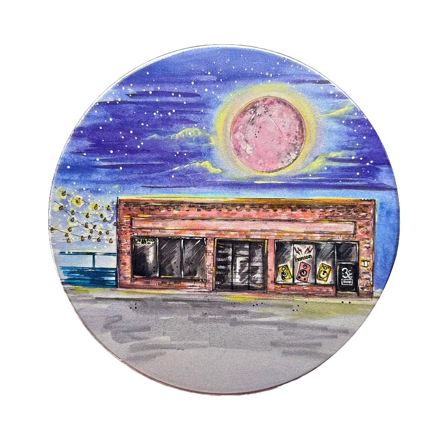 Hanson coaster featuring detailed artwork of 3CG Studios in Tulsa – band merch collectible