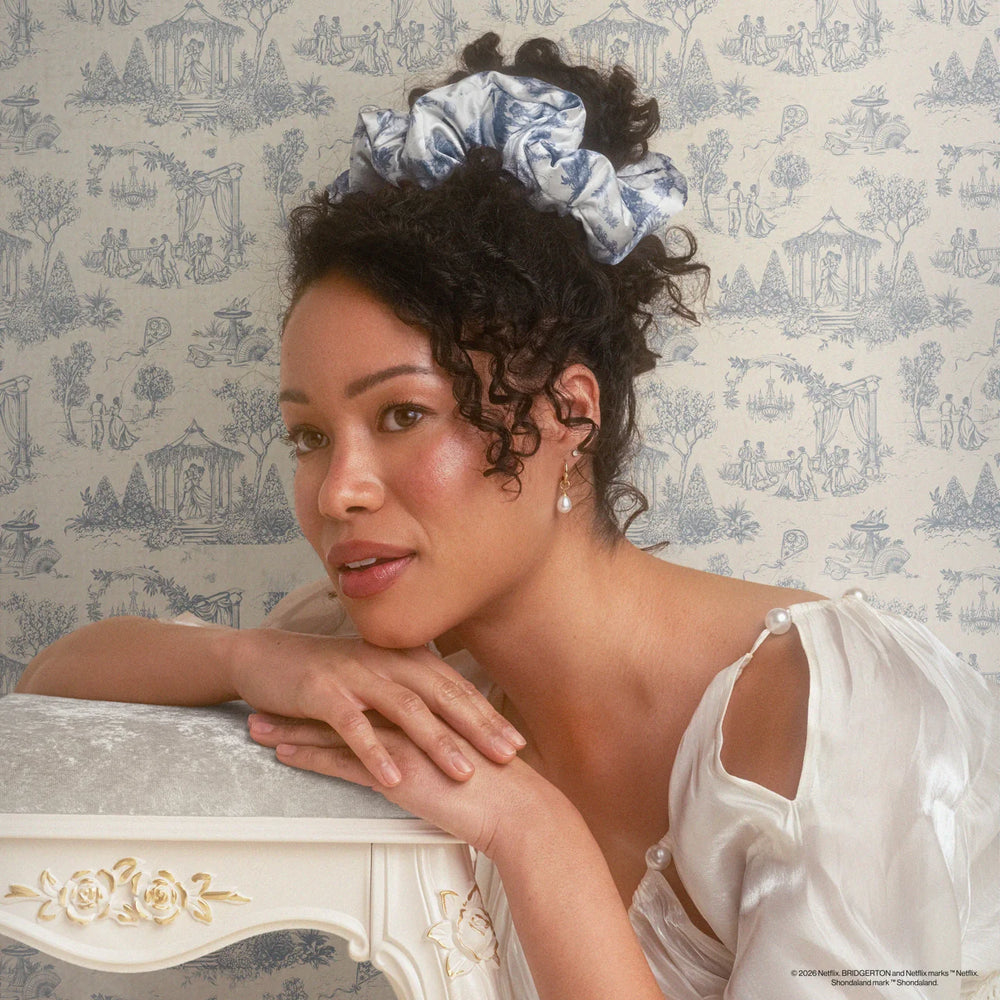 Bridgerton Toile in Bloom Satin Pillow Scrunchies