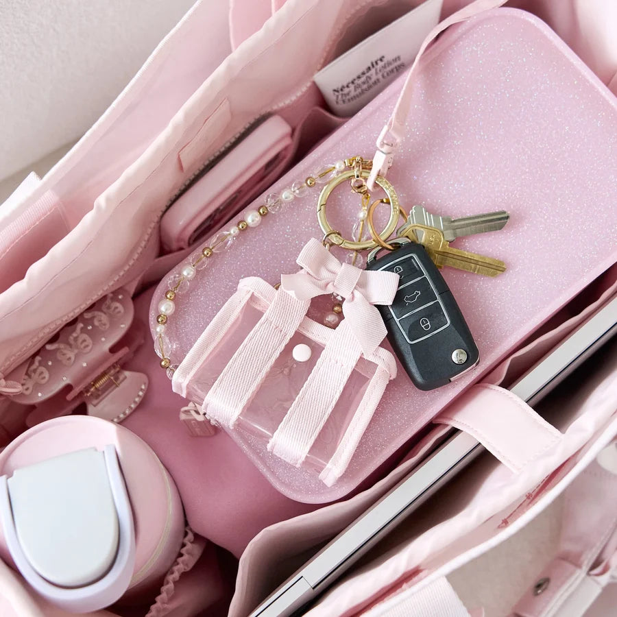 Jelly Tote Key Chain Bag Charm - Ballet Pink Bow