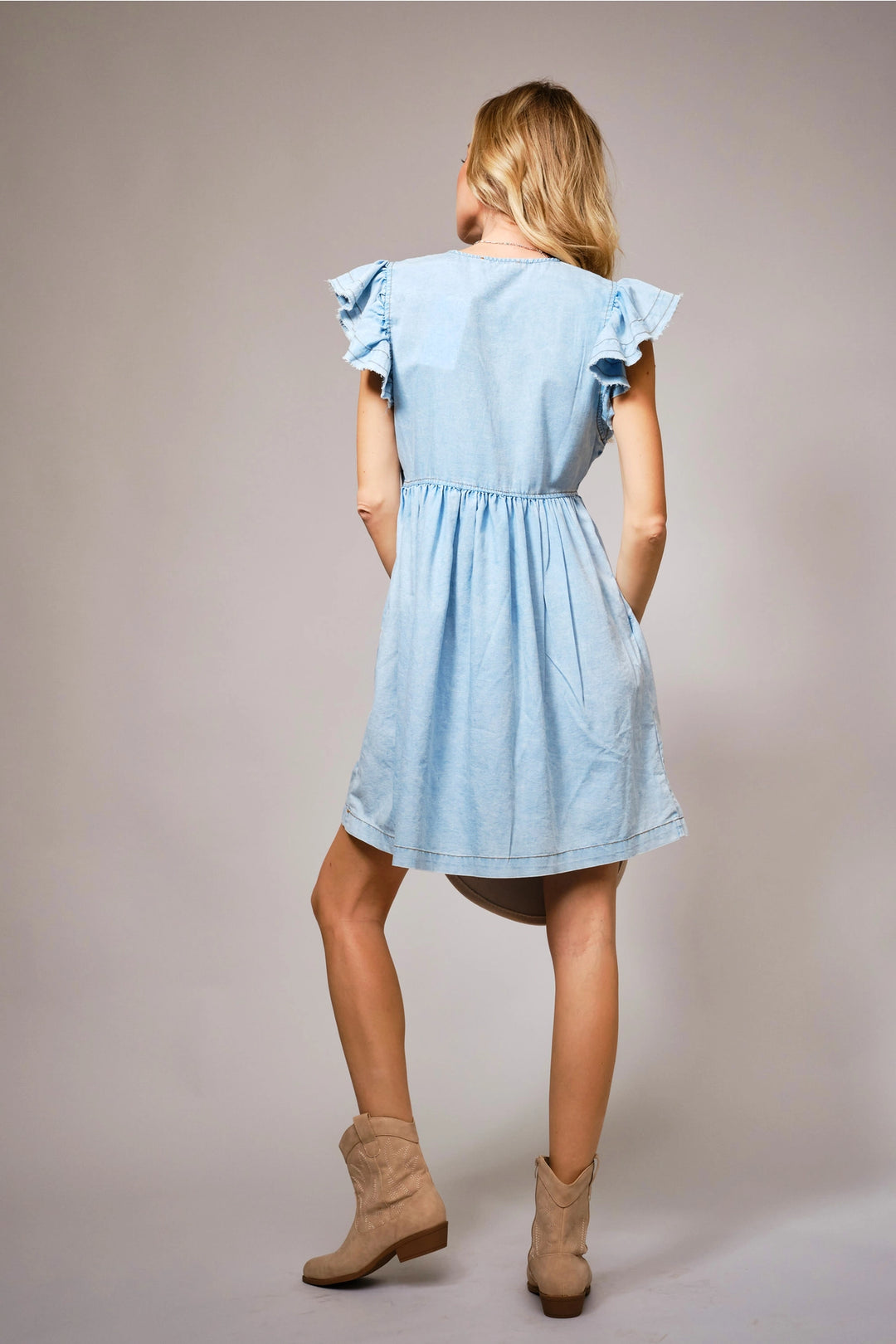 Chambray Ruffle Sleeve Bow Dress
