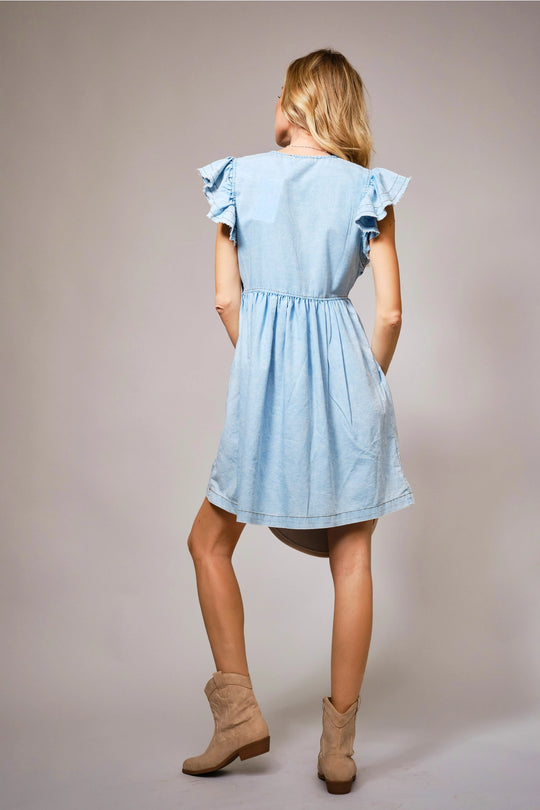 Chambray Ruffle Sleeve Bow Dress