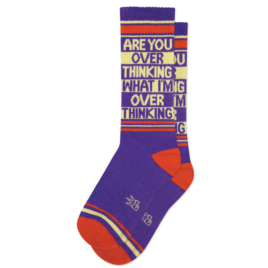 Are you over thinking what I’m over thinking gym socks in purple with red and yellow accents