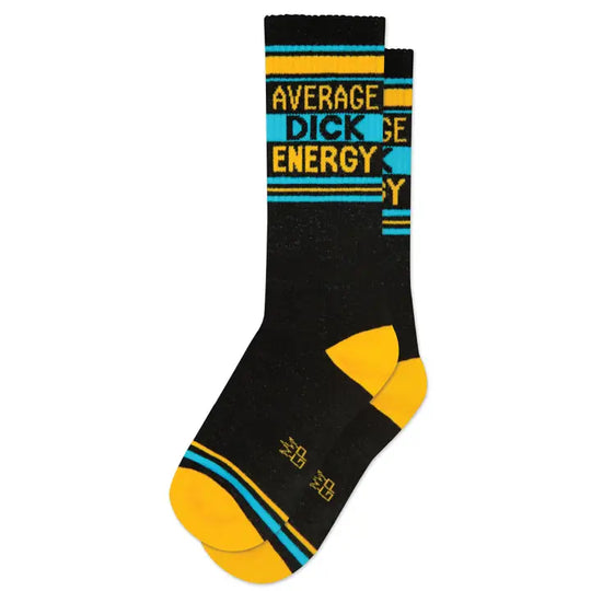 Funny Average Dick Energy gym socks in black blue and yellow